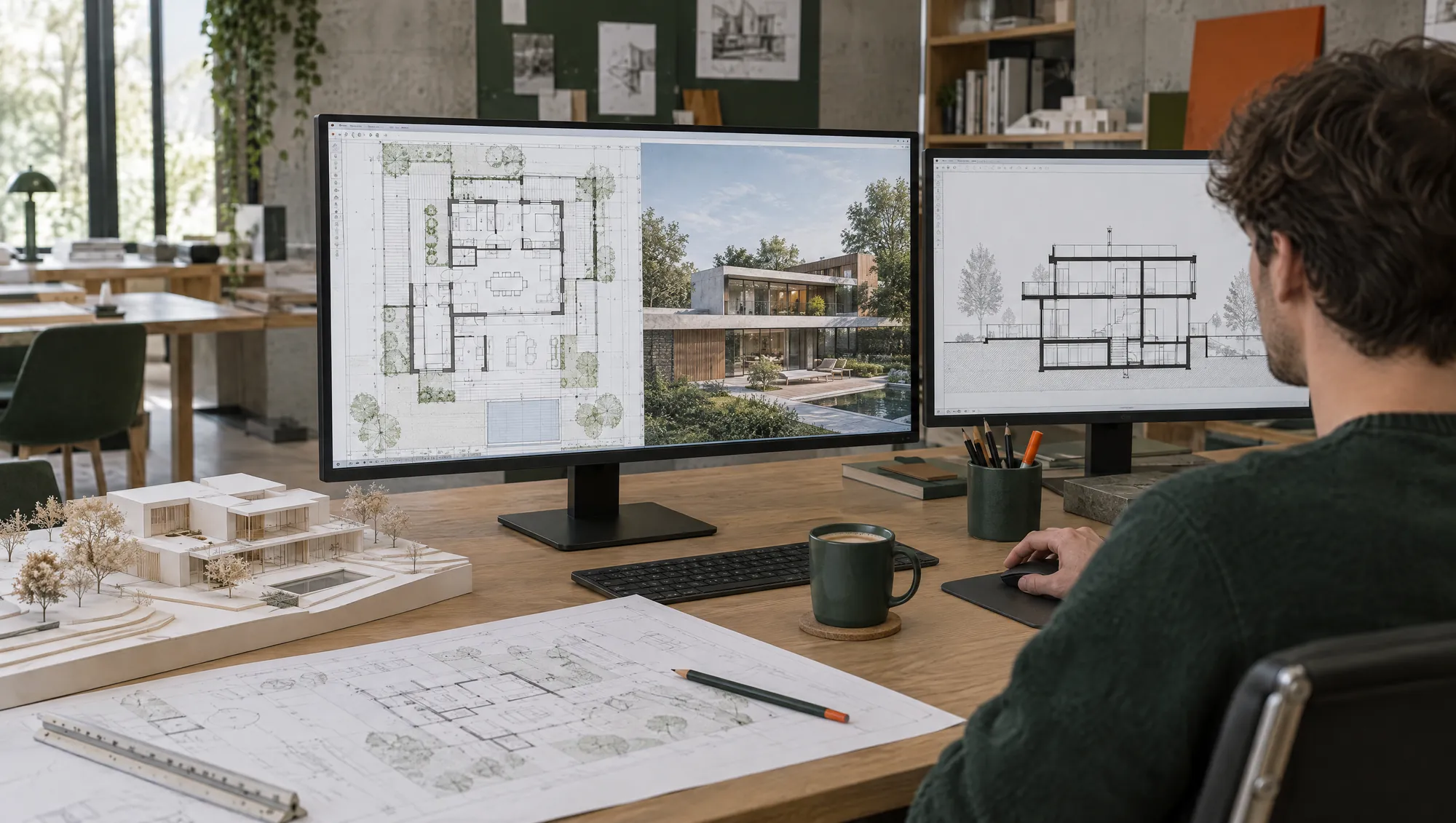 Ein Zeichner arbeitet an einem Grundriss, daneben eine Visualisierung und ein Architekturmodell.