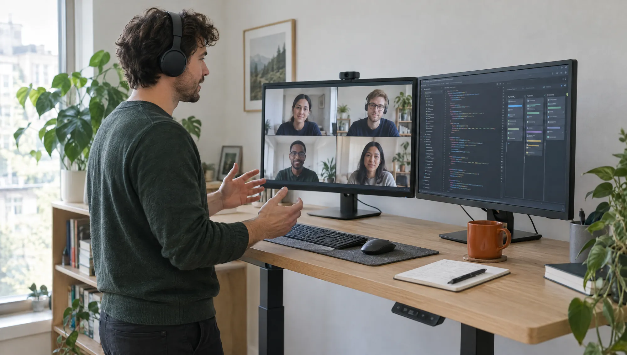 Ein Entwickler erklärt im Videocall seinem Team einen Code-Abschnitt.