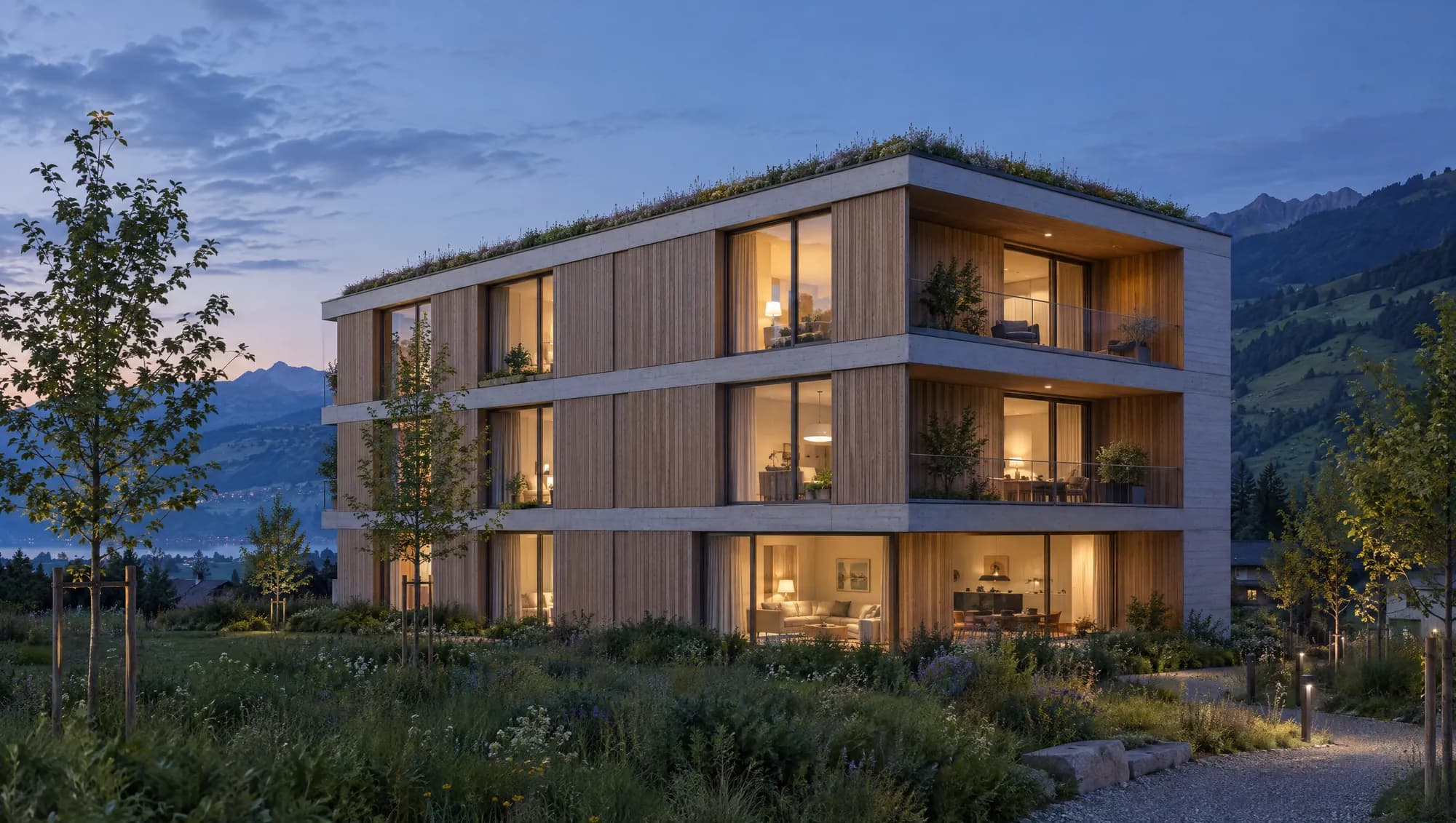 Visualisierung eines modernen Wohnhauses aus Holz und Beton in der Abenddämmerung.