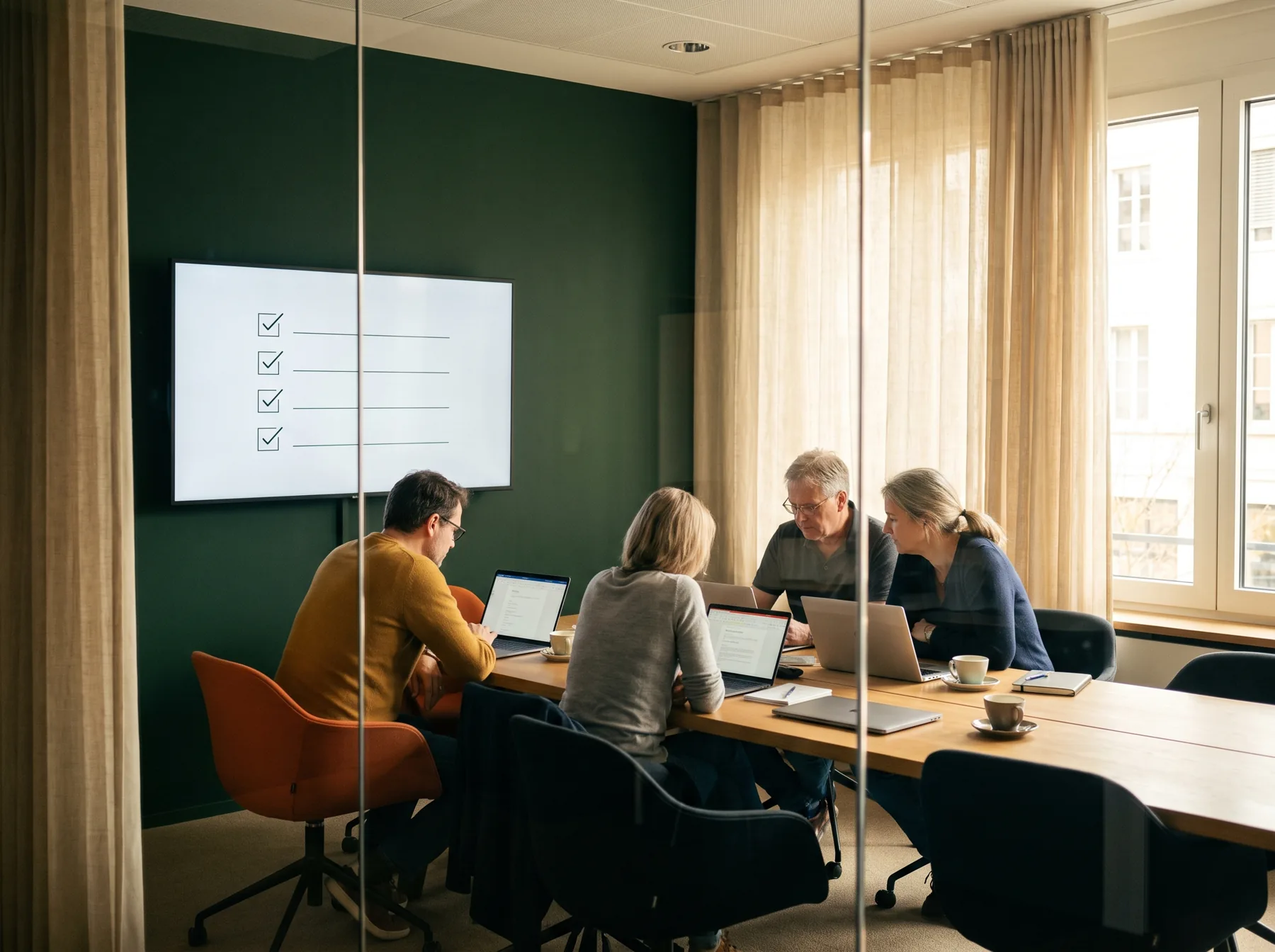 Motiv 7 · Team-Sitzung mit Checkliste am Bildschirm